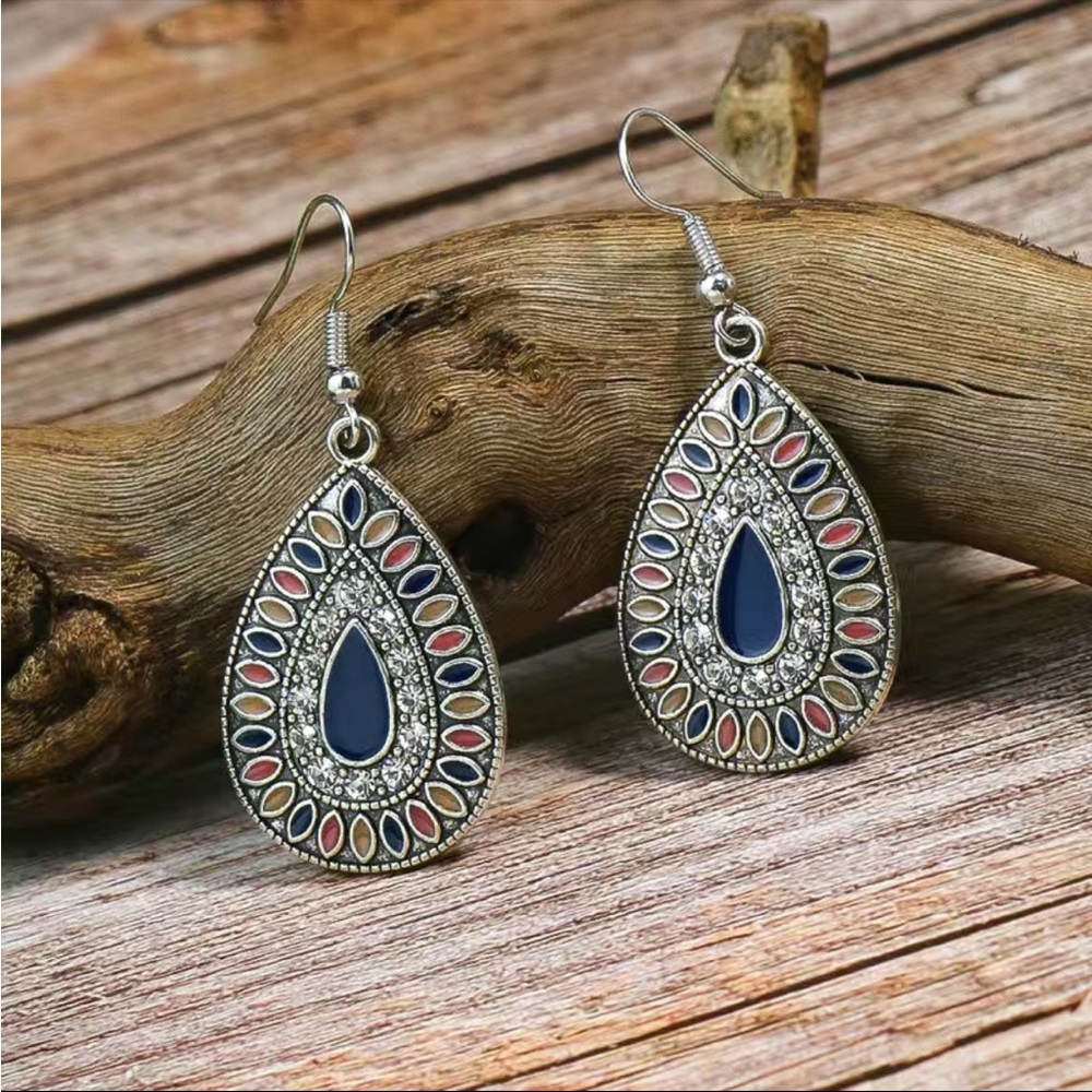 Multi colored Blue Boho Flat inlay TearDrop Dangle Earrings